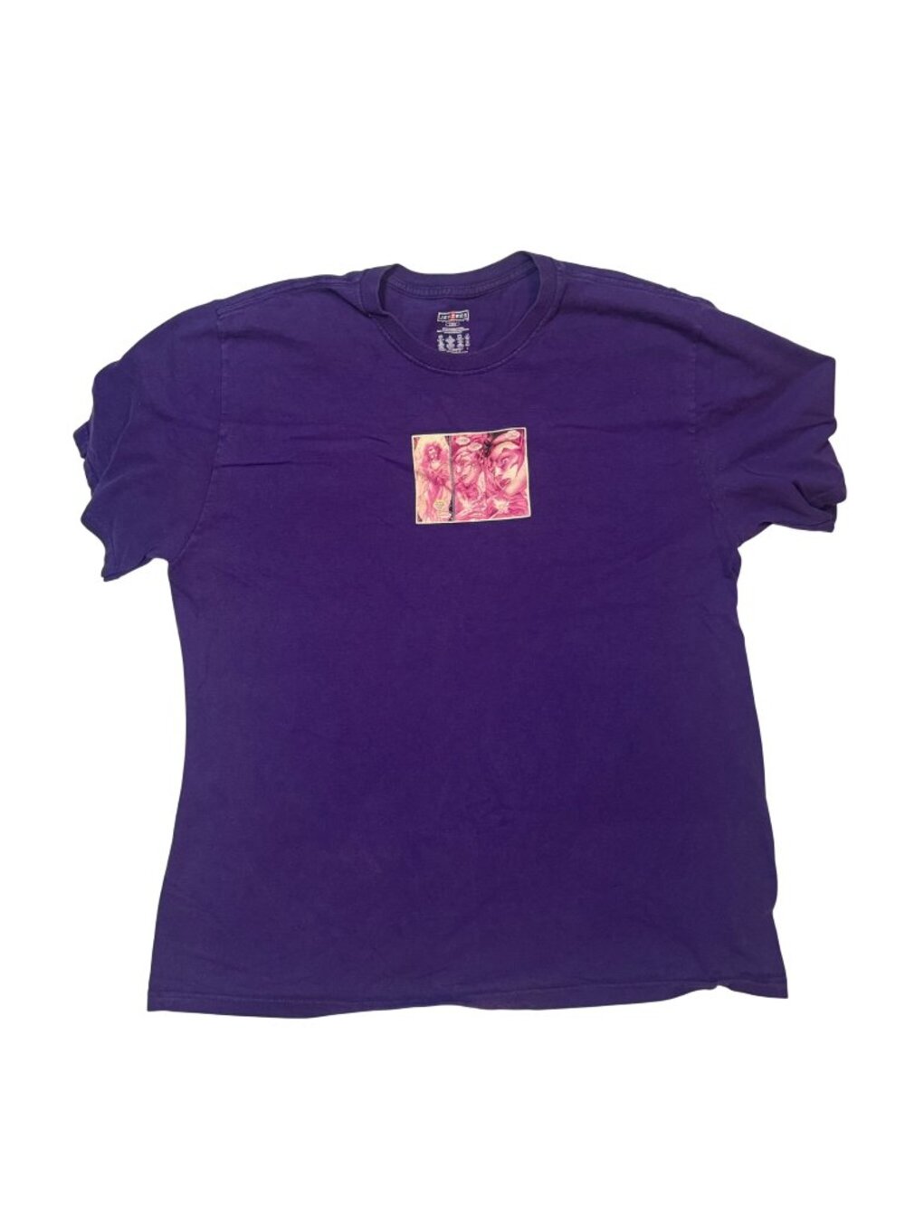 Purple Jerzees T-Shirt With Pink Comic Graphic Print Large